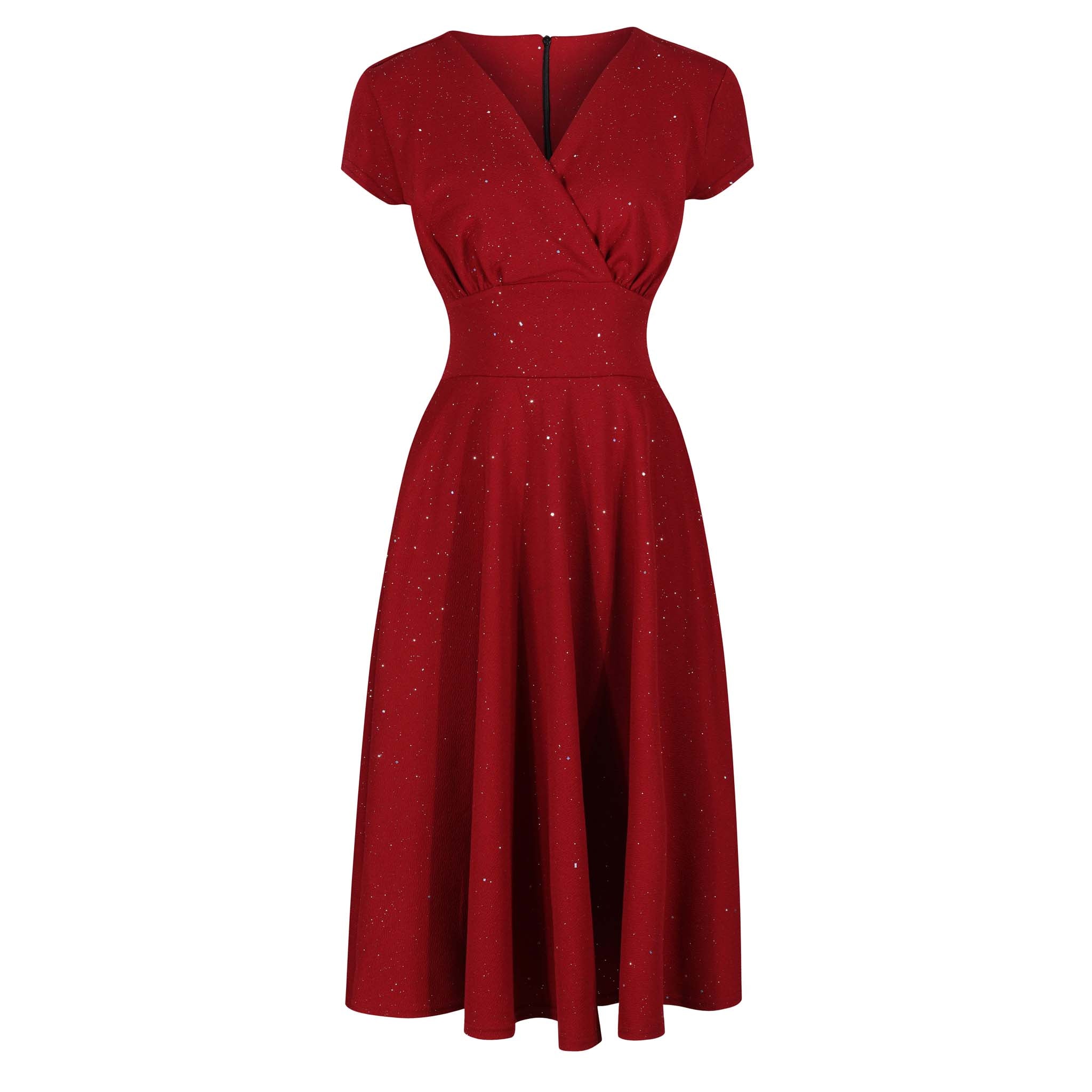 Wine Red & Sparkly Glitter A Line Crossover Top Capped Sleeve Tea Swing Dress