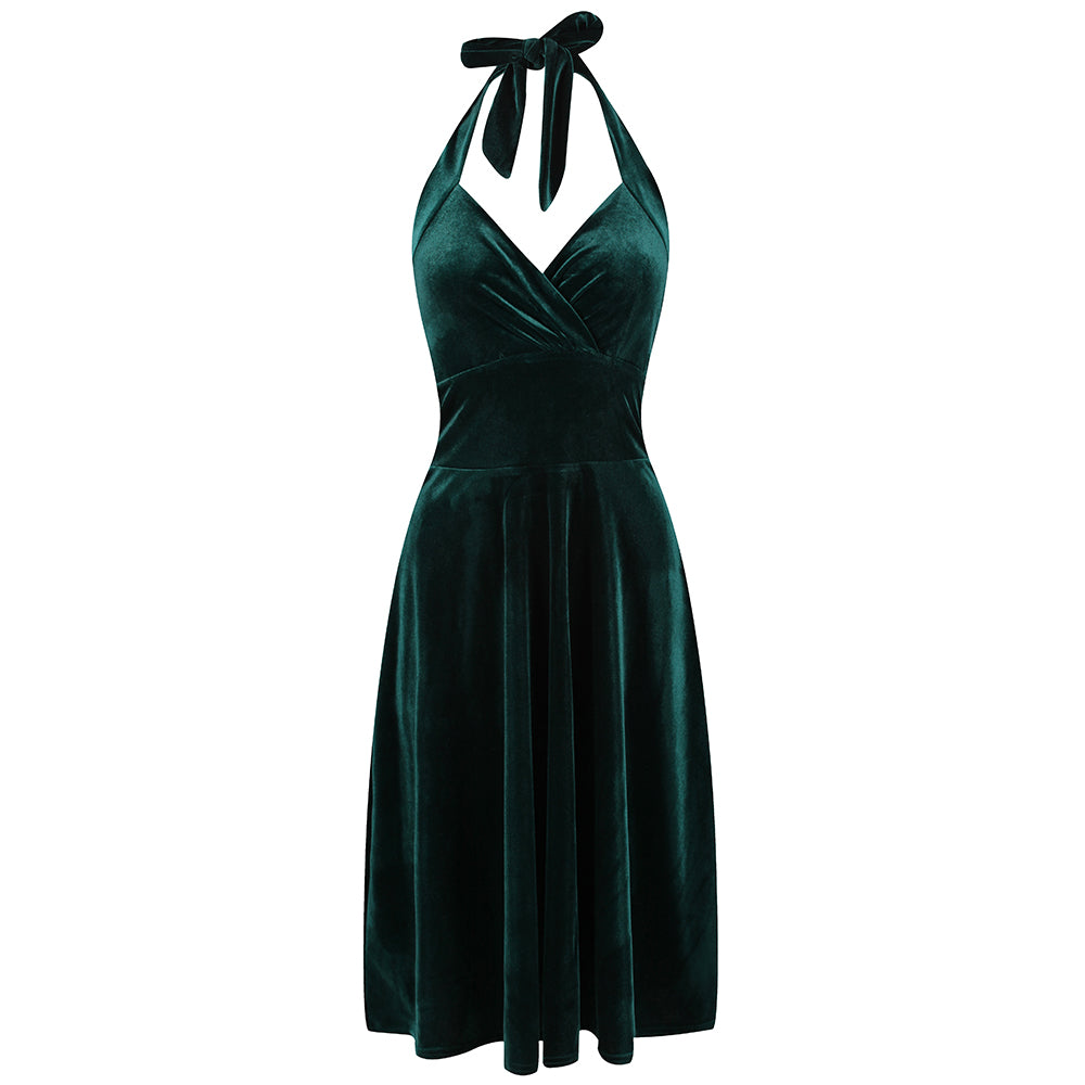 Emerald Green Velour Halterneck Empire Waist 50s Swing Dress - Pretty Kitty Fashion