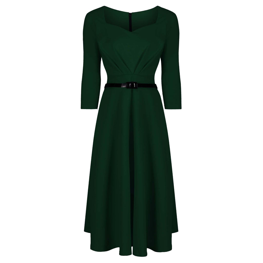 Forest Green 3/4 Sleeve Belted 50s Swing Dress