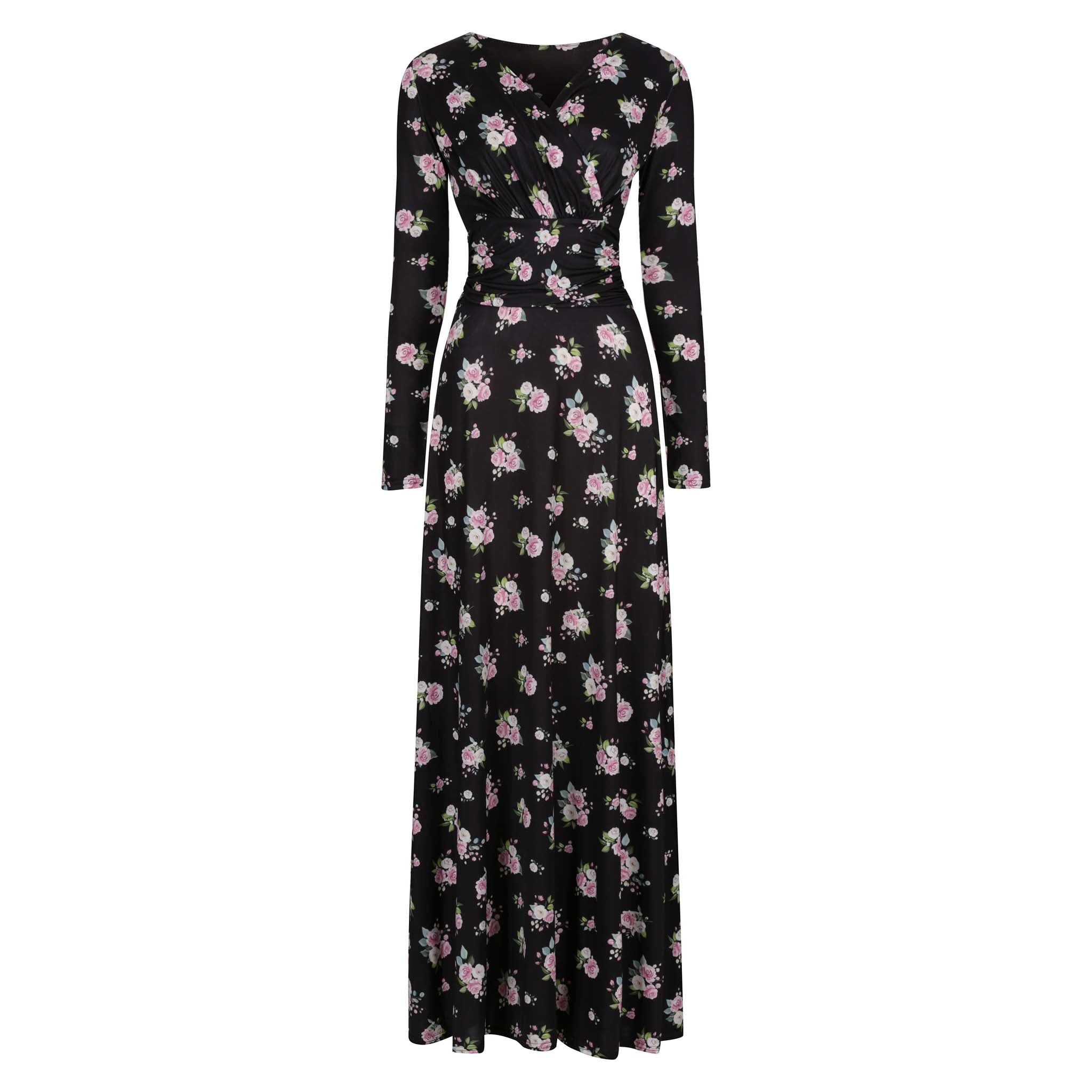 Black Pink Floral Print Long Sleeve Maxi Dress