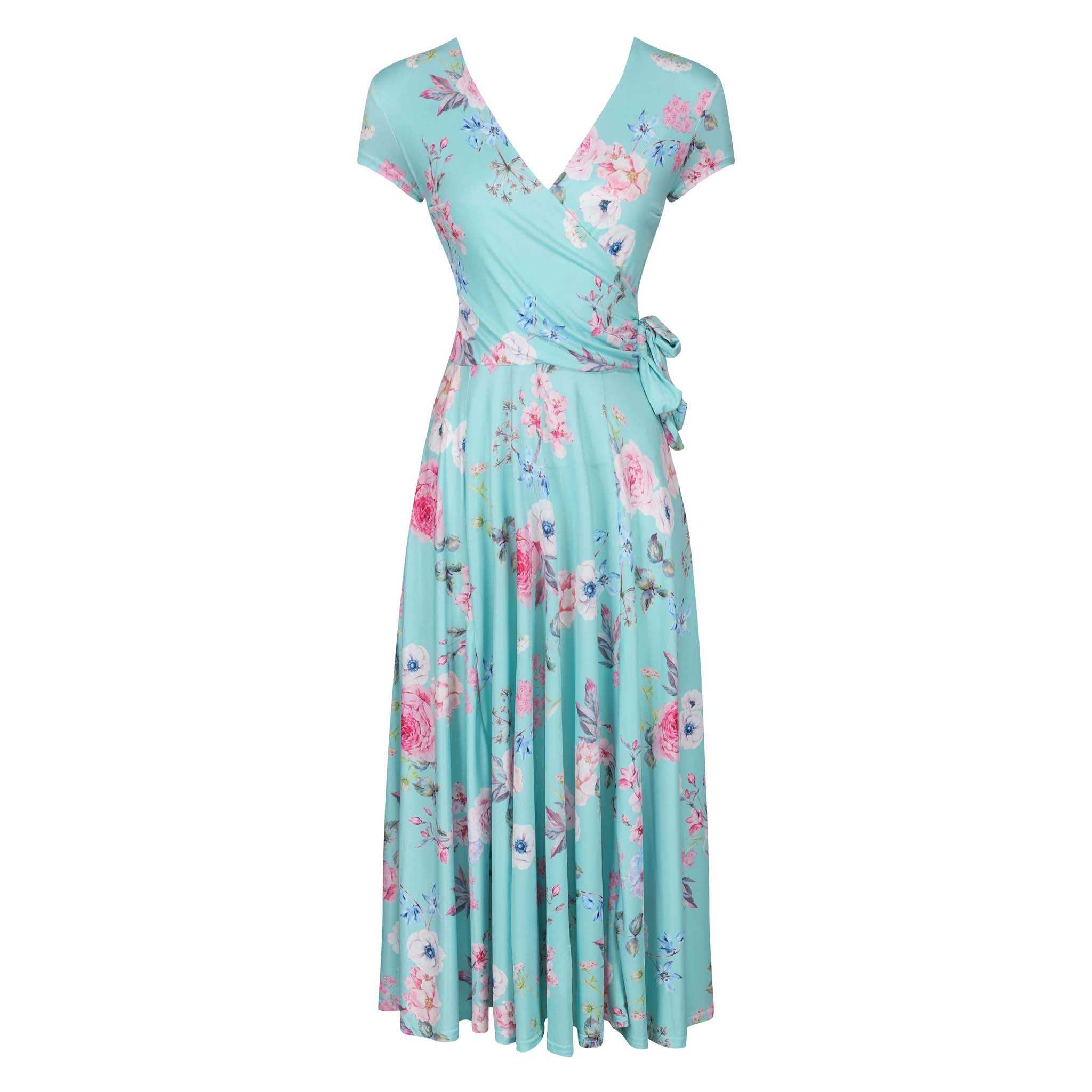 Aqua Mint Floral Print Cap Sleeve Crossover Top Swing Dress - Pretty ...