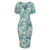 Pale Green Tropical Floral Print Waterfall Sleeve Crossover Pencil Dress