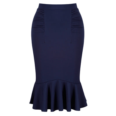 Navy Blue Peplum Fishtail Stretch Pencil Bodycon Skirt - Pretty Kitty ...