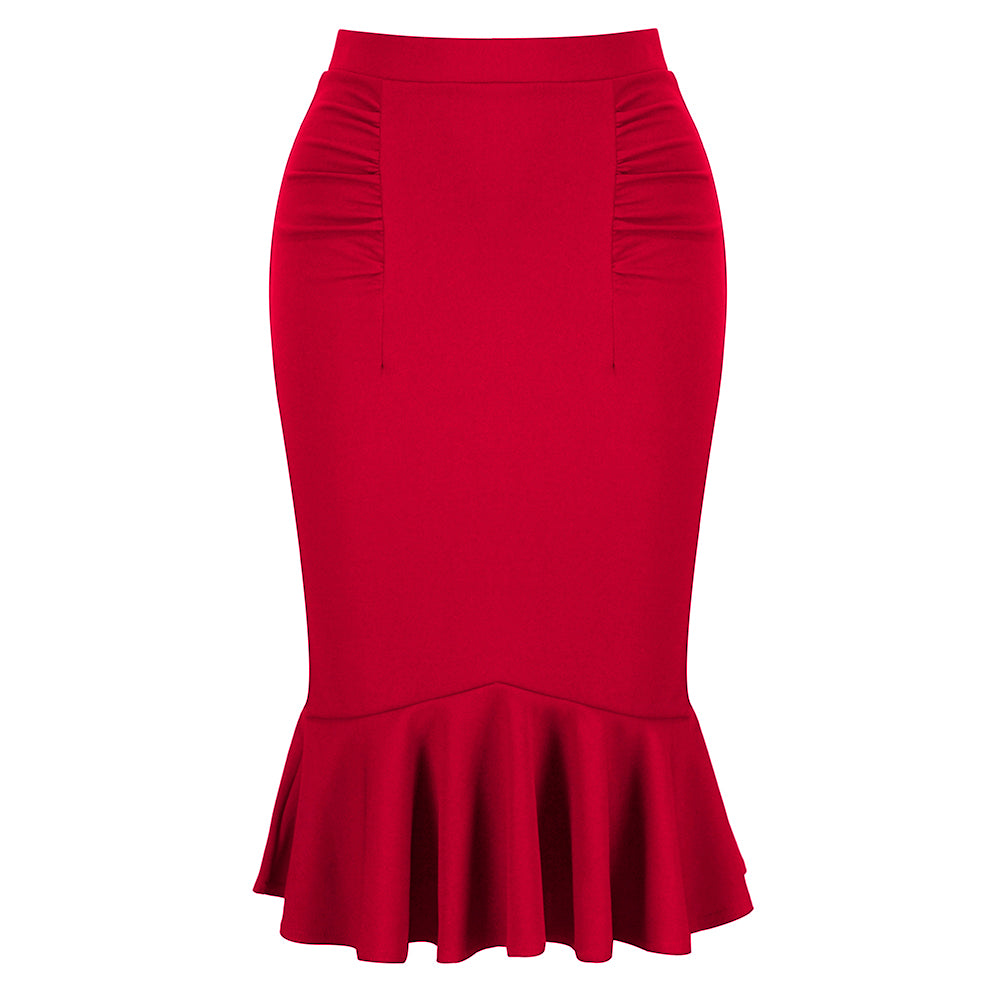 Red Peplum Fishtail Stretch Pencil Bodycon Skirt - Pretty Kitty Fashion