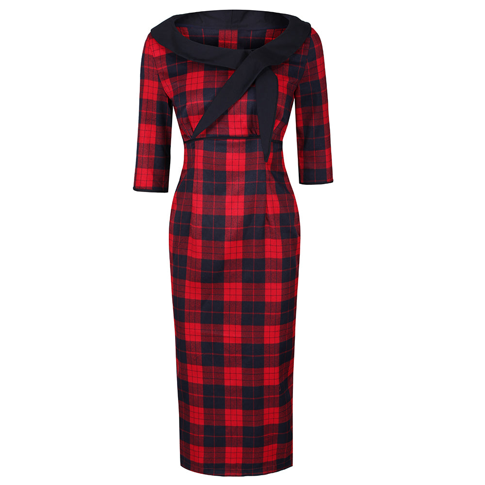 Red and Black Check 3/4 Sleeve Bow Neck 40s Wiggle Dress - Pretty Kitty Fashion