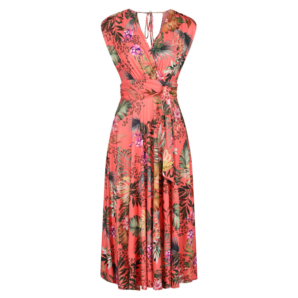Coral Pink Tropical Floral V Neck Crossover Top Empire Waist Swing Dress