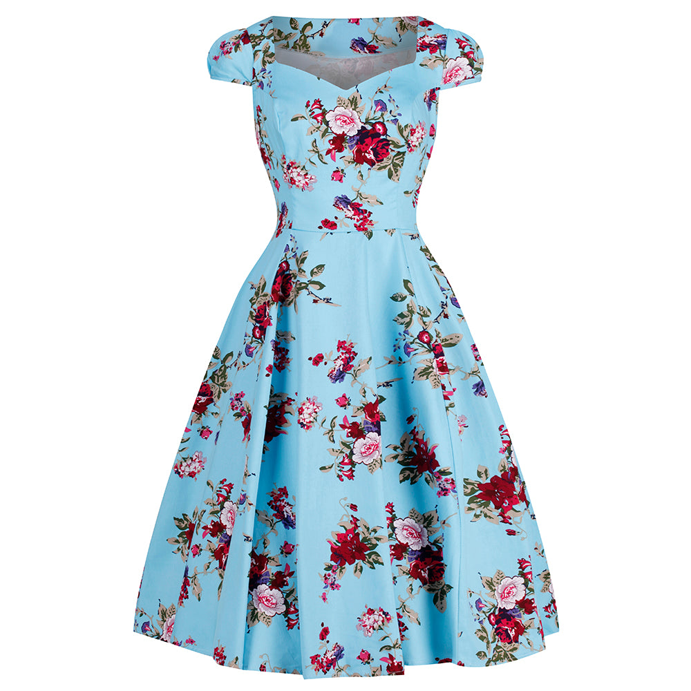 Sky Blue Vintage Floral Blossom Rockabilly 50s Swing Dress - Pretty Kitty Fashion