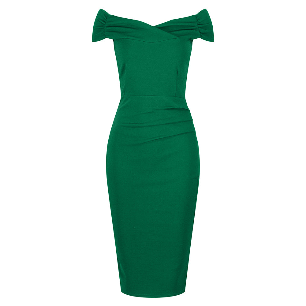 Emerald Green Cap Sleeve Crossover Top Bardot Wiggle Dress - Pretty Kitty Fashion