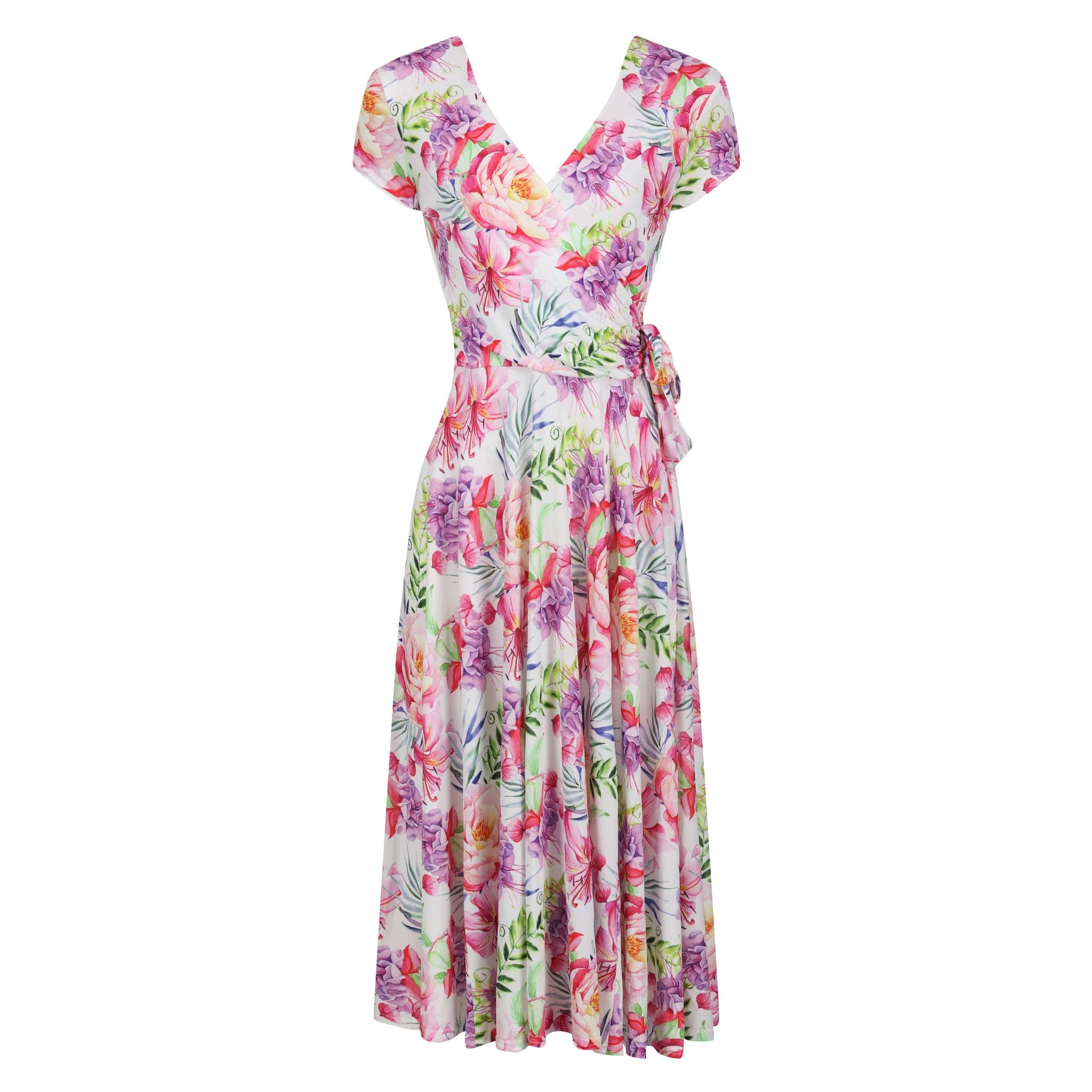 White Floral Print Cap Sleeve Crossover V Neck Wrap Top Swing Dress