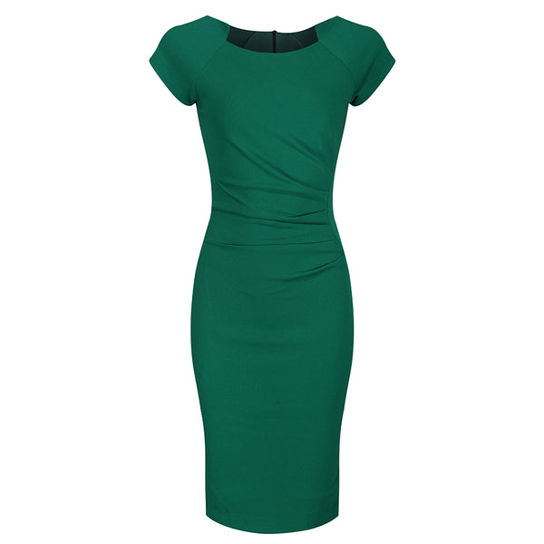 Emerald Green Capped Sleeve Ruched Bodycon Pencil Dress - Pretty Kitty ...