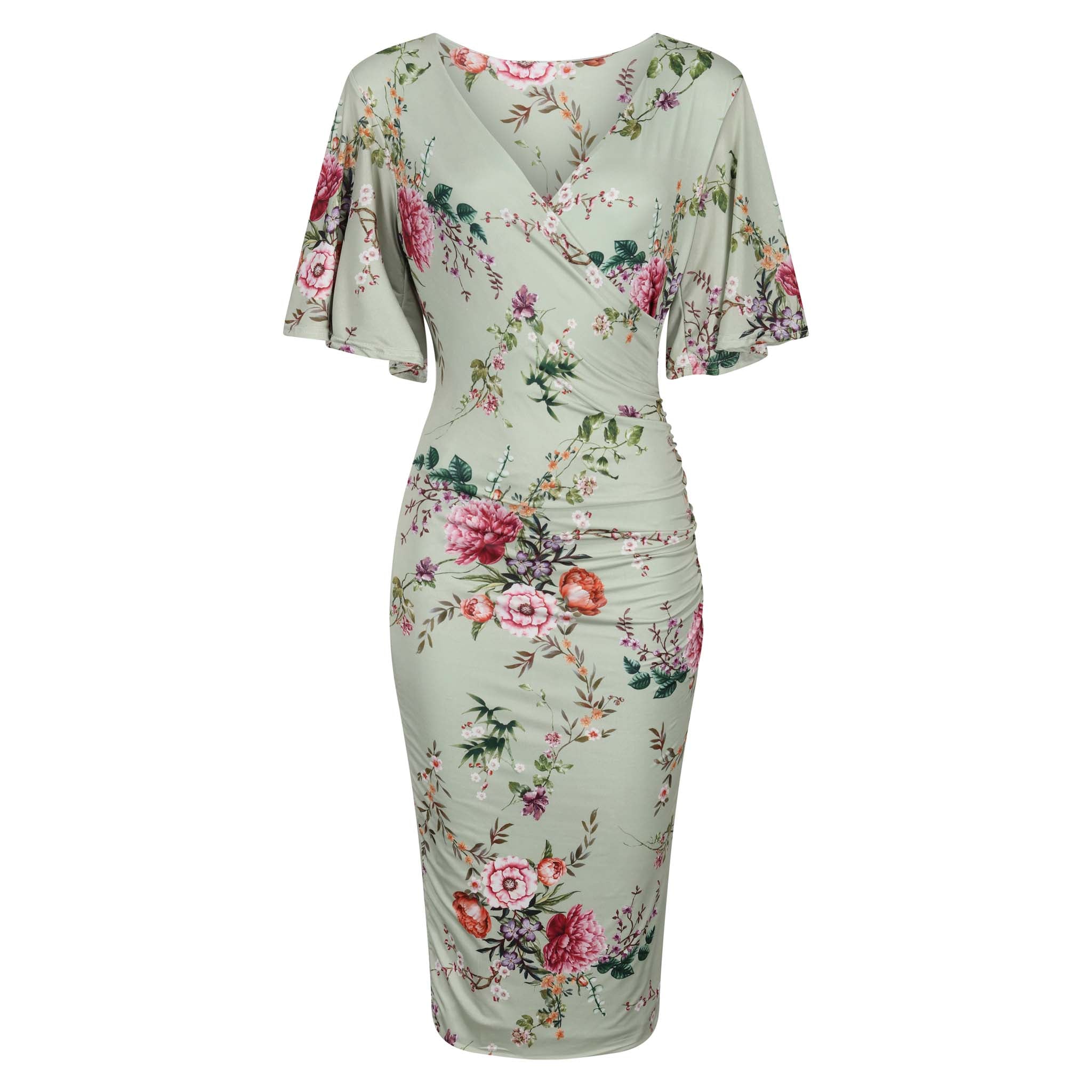 Sage Green Floral Print Butterfly Sleeve Slinky Pencil Cocktail Dress