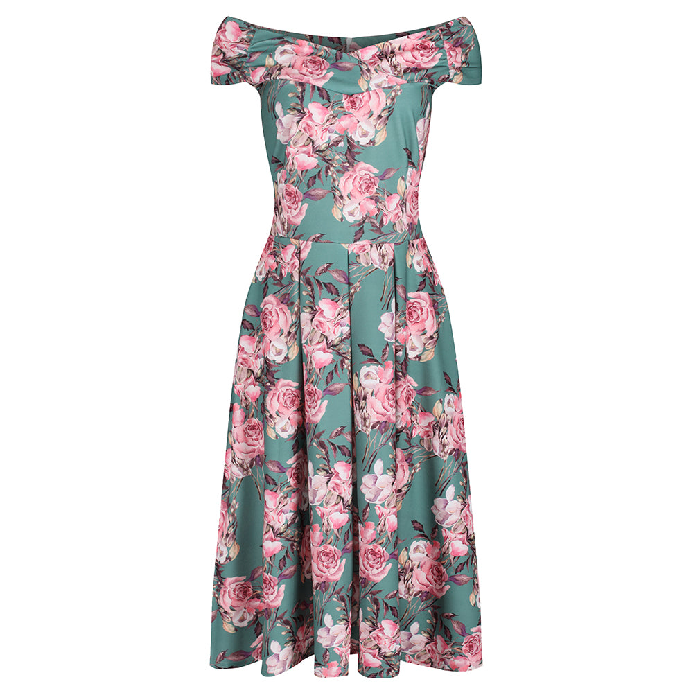 Green Floral Print Cap Sleeve Crossover Top 50s Swing Bardot Dress - Pretty Kitty Fashion