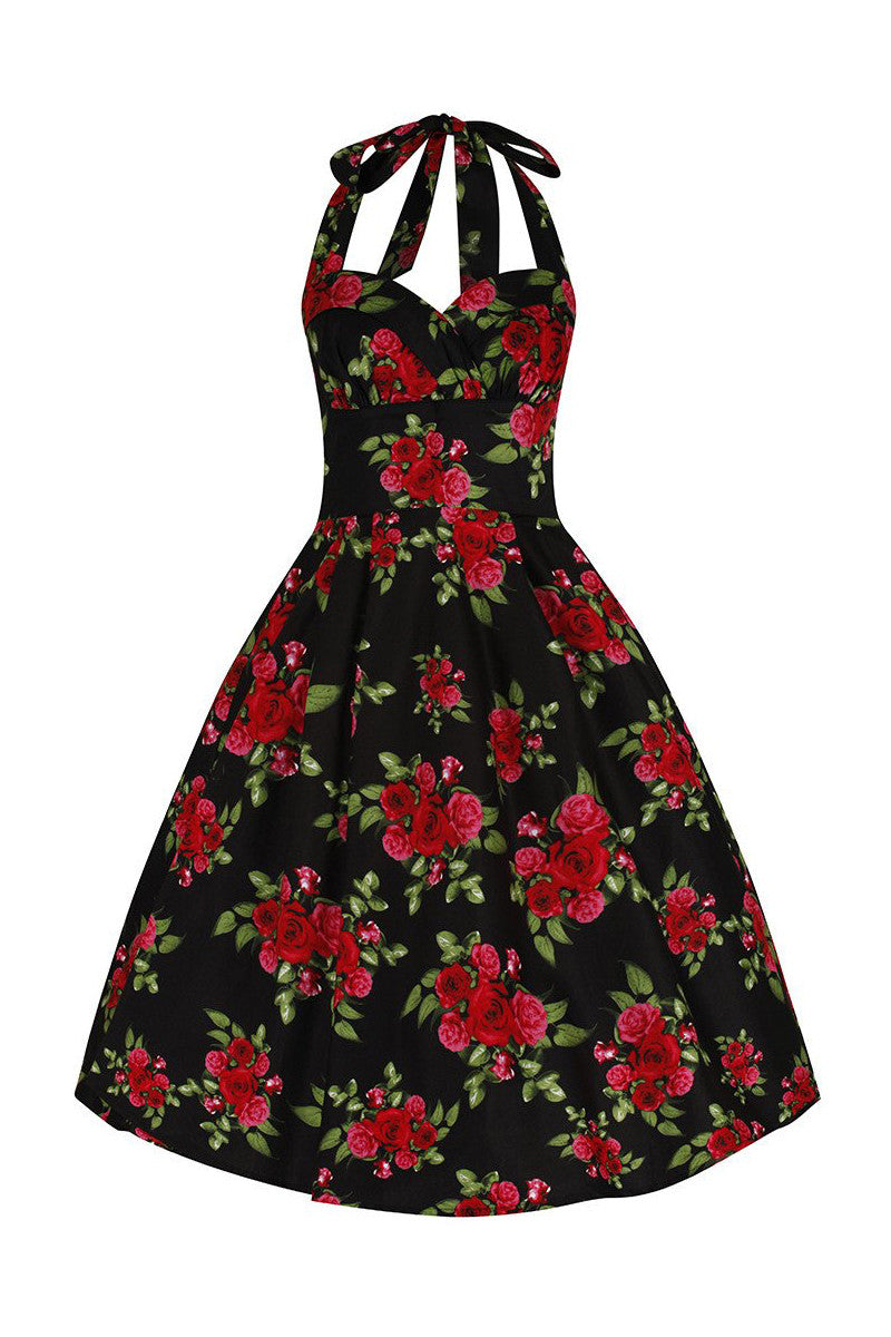 Black and Red Roses Halterneck Rockabilly Dress - Pretty Kitty Fashion