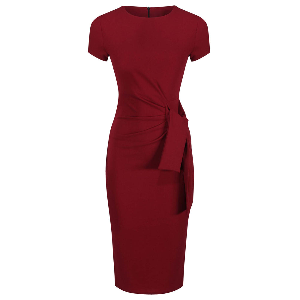 Wine Red Short Sleeve Ruched Tie Bodycon Pencil Dress