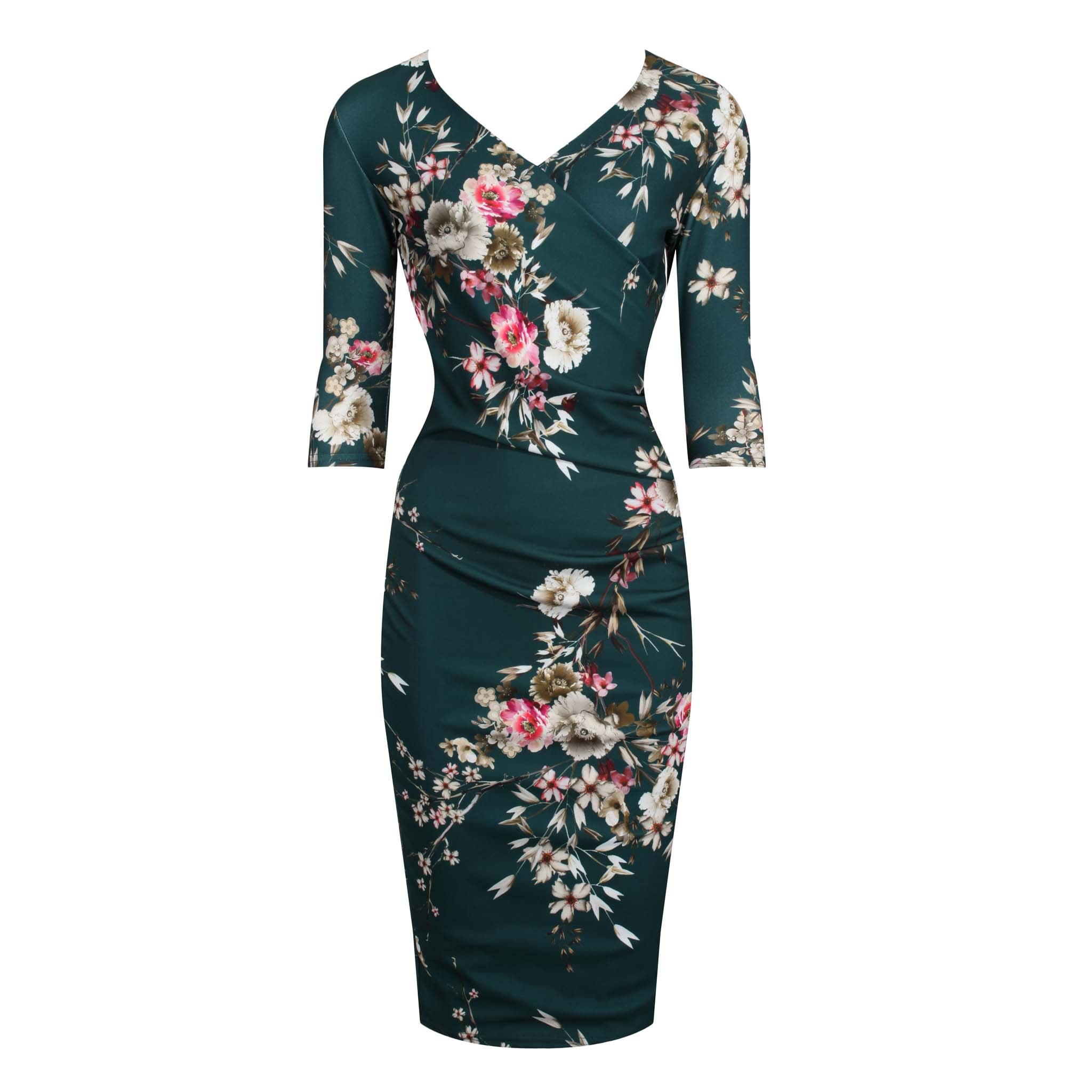 Forest Green Floral Print 40s 3/4 Sleeve Wiggle Wrap Dress