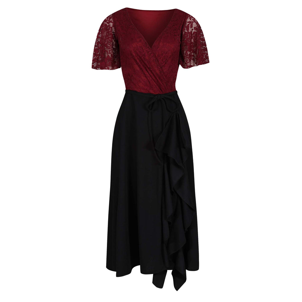 Burgundy Red Lace Top and Black Waterfall Skirt Dress - Pretty Kitty Fashion