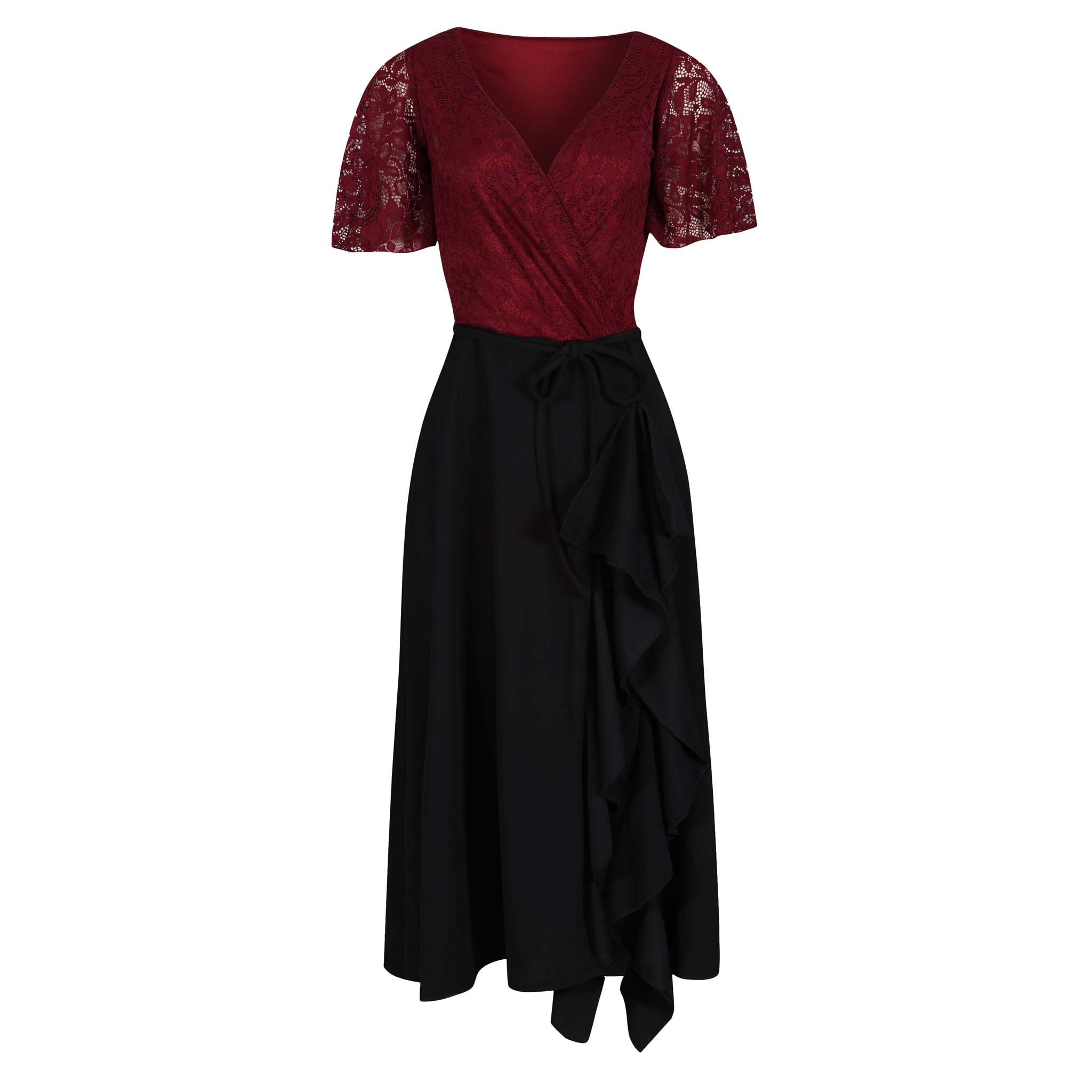 Burgundy Red Lace Top and Black Waterfall Skirt Dress - Pretty Kitty Fashion