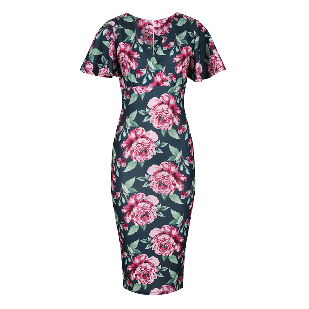 Green And Pink Floral Print Half Sleeve Deep V Neck Crossover Top Wiggle Dress