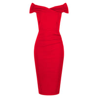 Red Cap Sleeve Crossover Top Bardot Wiggle Dress - Pretty Kitty Fashion