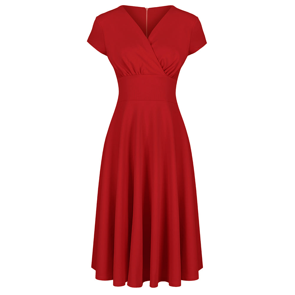 Red Vintage A Line Crossover Capped Sleeve Tea Swing Dress – Pretty ...