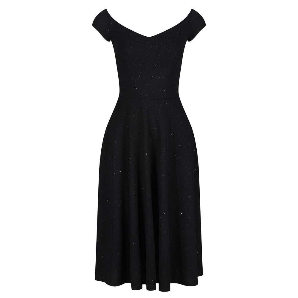 Black Silver Glitter Vintage Cap Sleeve Swing Dress