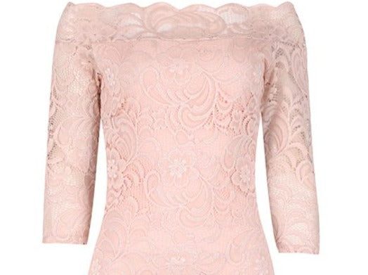 Salmon Pink Lace 3/4 Sleeve Vintage Bodycon Bridesmaid Wiggle Dress