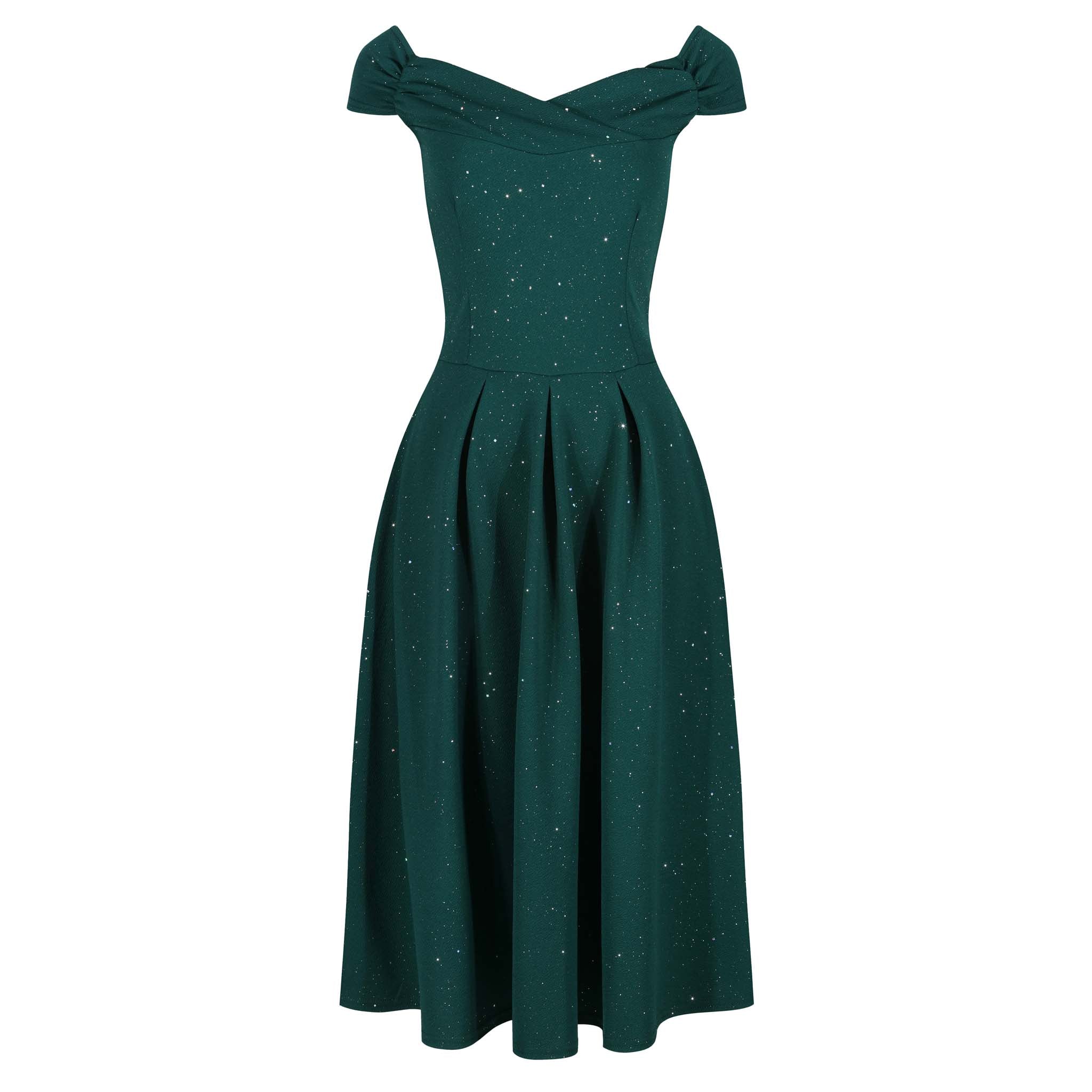 Forest Green Sparkly Crossover Bust Bardot Style 50s Swing Dress