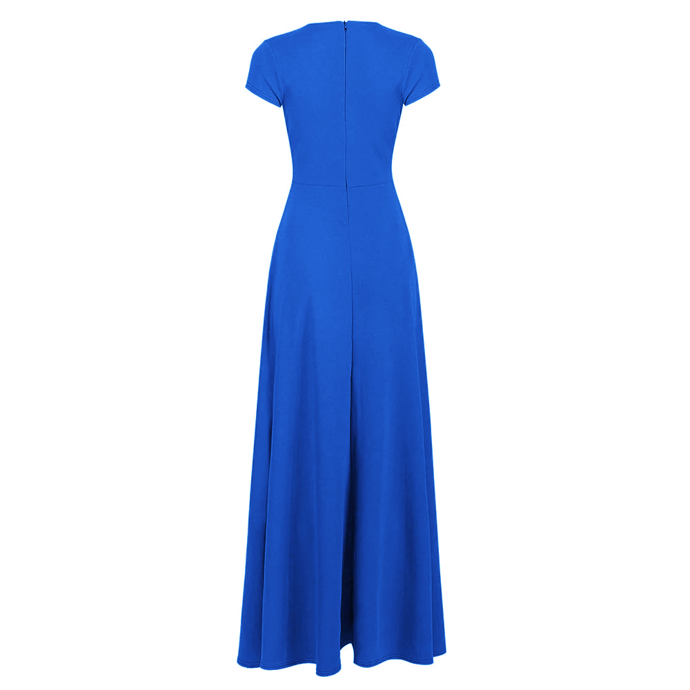 Royal Blue V Neck Cap Sleeve Maxi Dress