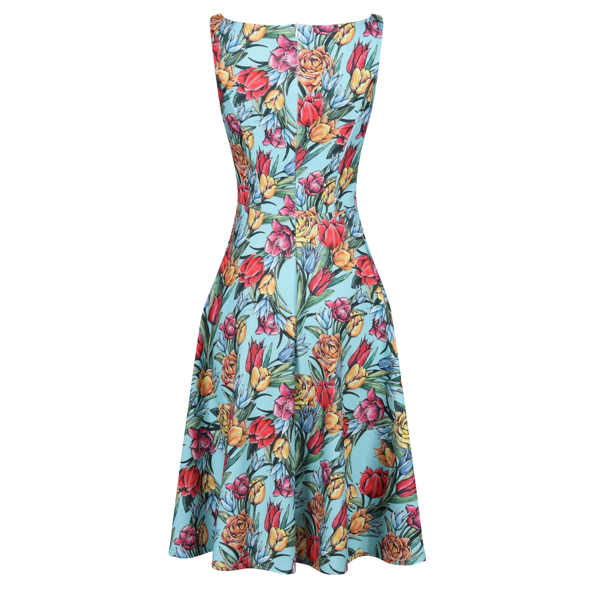 Turquoise Floral Print Audrey Style 1950s Swing Dress