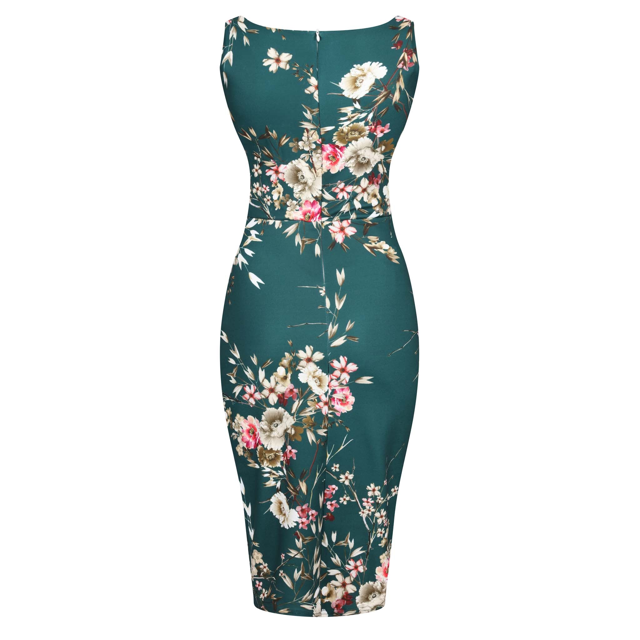 Forest Green Floral Print High Neck 40s Style Sleeveless Wiggle Dress