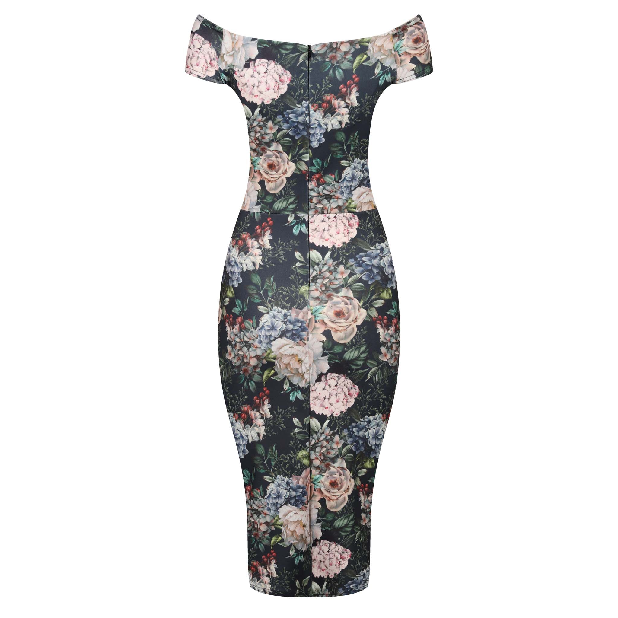 Black Floral Print Cap Sleeve Crossover Top Bardot Pencil Dress