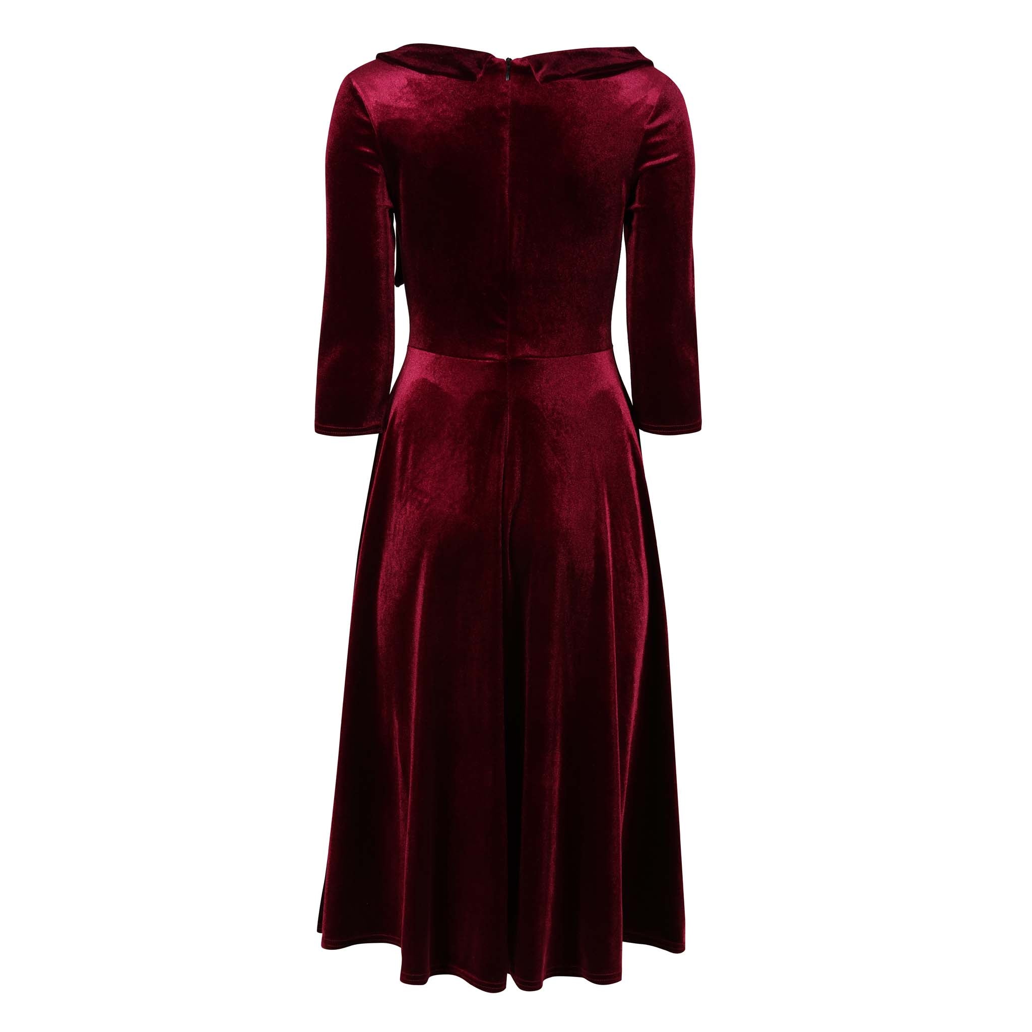 Velour Claret Red Tie 1/2 Sleeve Vintage Swing Dress