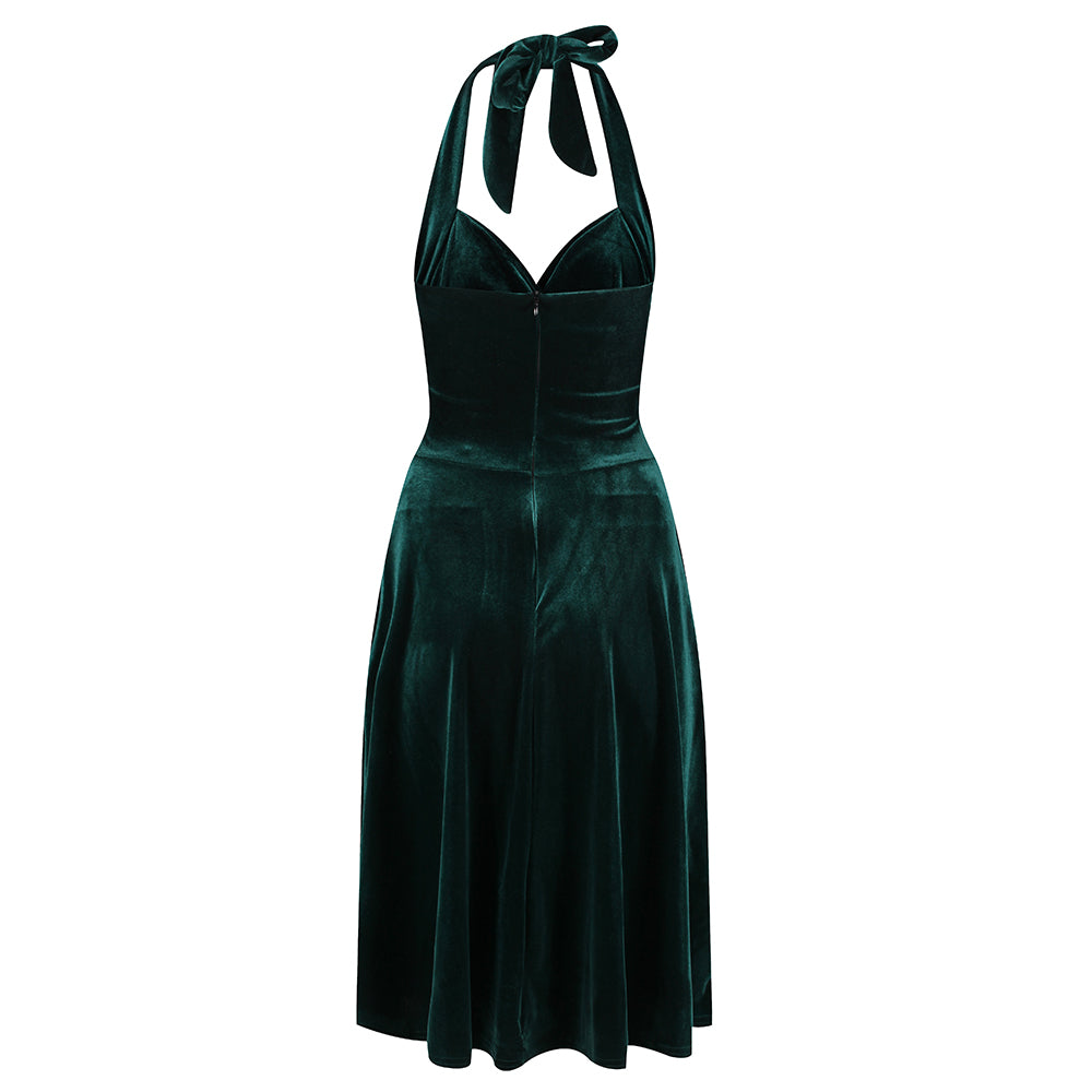 Emerald Green Velour Halterneck Empire Waist 50s Swing Dress - Pretty Kitty Fashion