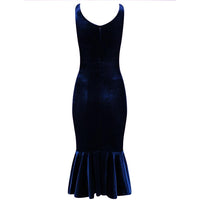 Navy Blue Velour Sleeveless Peplum Hem V Neck Wiggle Dress - Pretty Kitty Fashion