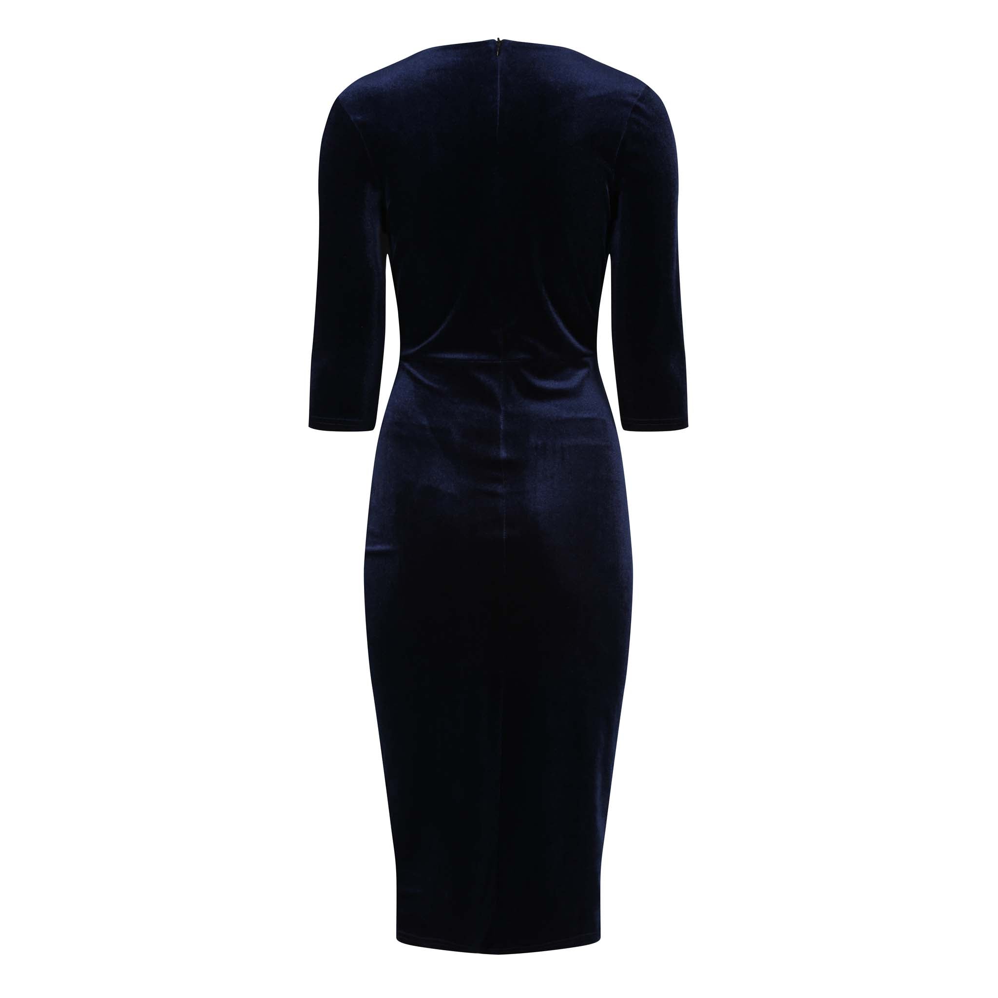 Navy Blue Velour Deep V 3/4 Sleeve Bodycon Ruched Waist Wiggle Dress