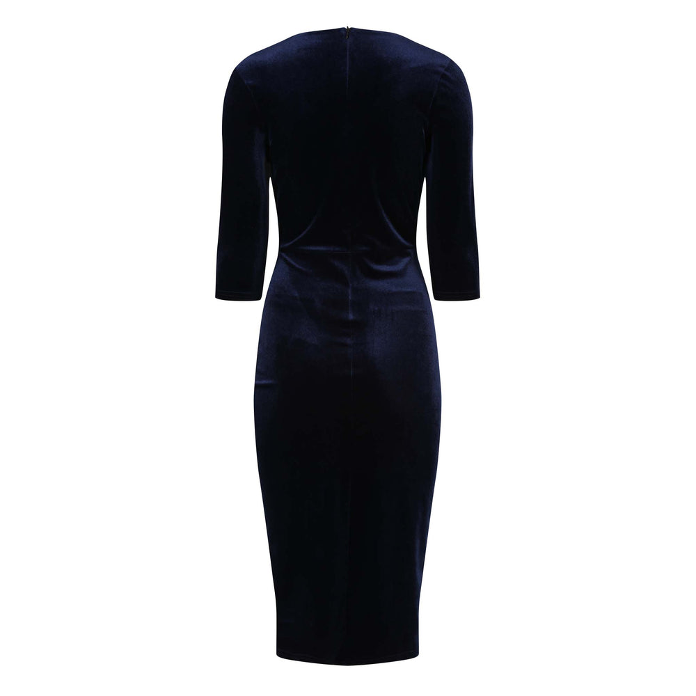 Navy Blue Velour Deep V 3/4 Sleeve Bodycon Ruched Waist Wiggle Dress