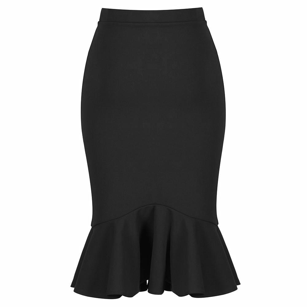 Black Peplum Fishtail Stretch Pencil Bodycon Skirt - Pretty Kitty