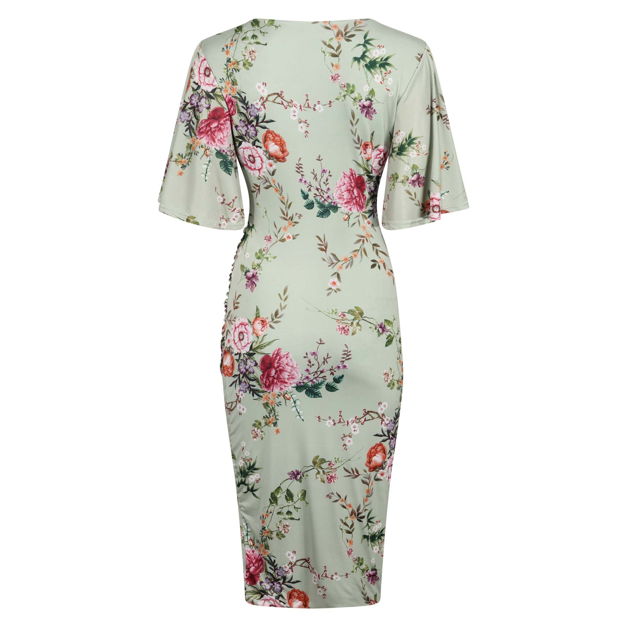 Sage Green Floral Print Butterfly Sleeve Slinky Pencil Cocktail Dress