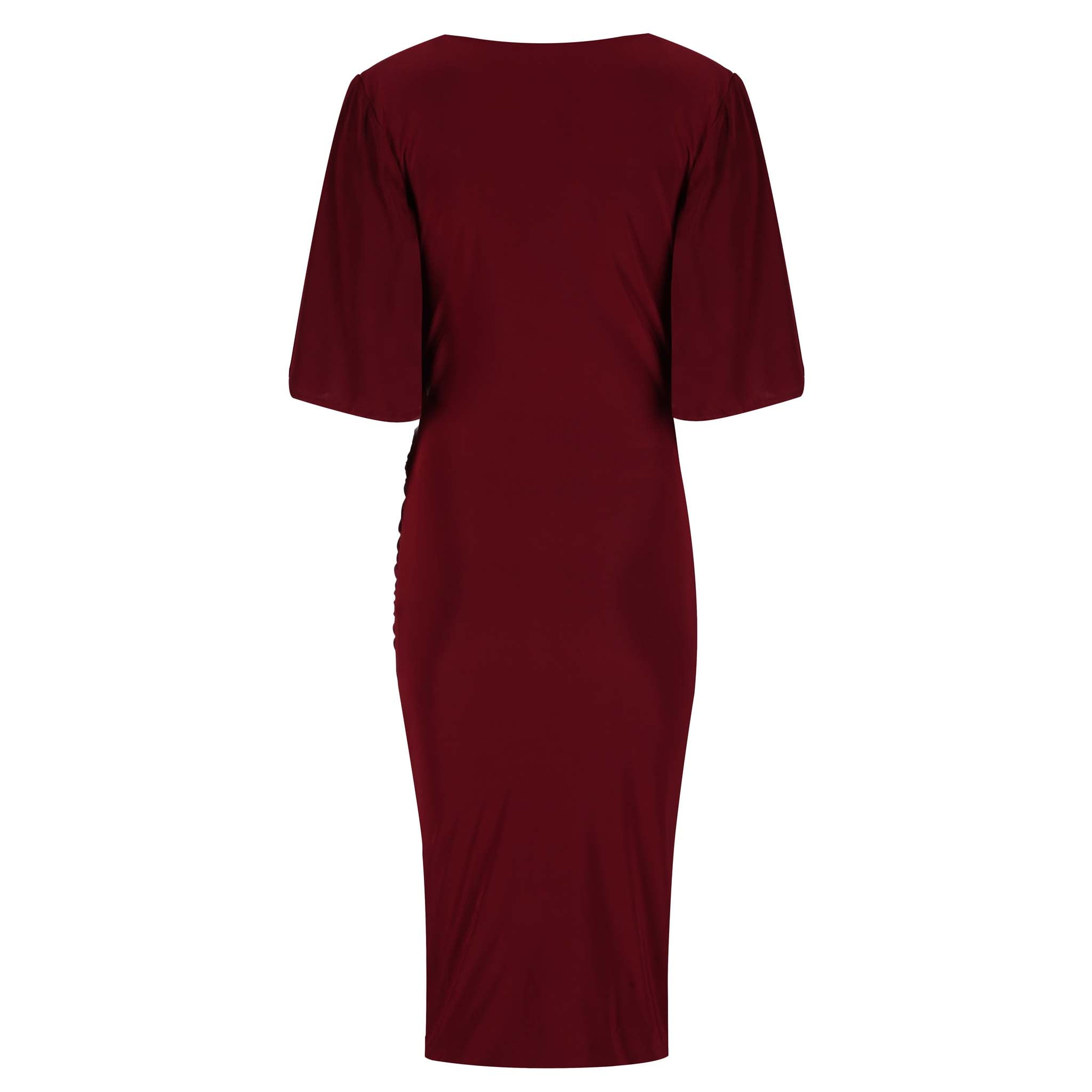 Burgundy Wine Red Butterfly Sleeve Slinky Pencil Cocktail Dress