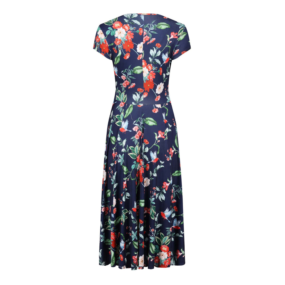 Navy Blue Floral Bird Print Cap Sleeve Crossover Top Swing Dress