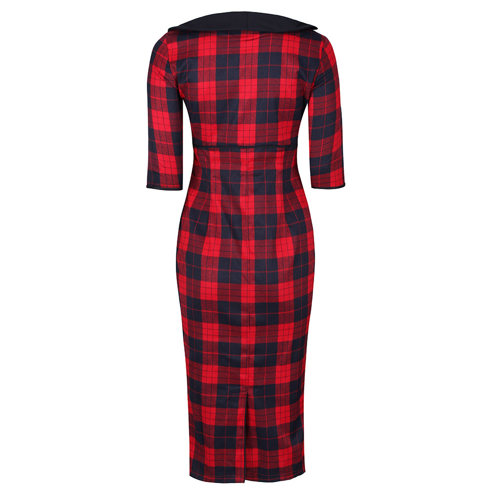 Red and Black Check 3/4 Sleeve Bow Neck 40s Wiggle Dress - Pretty Kitty Fashion