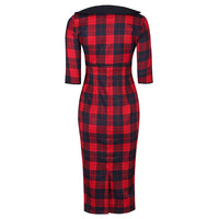 Red and Black Check 3/4 Sleeve Bow Neck 40s Wiggle Dress - Pretty Kitty Fashion