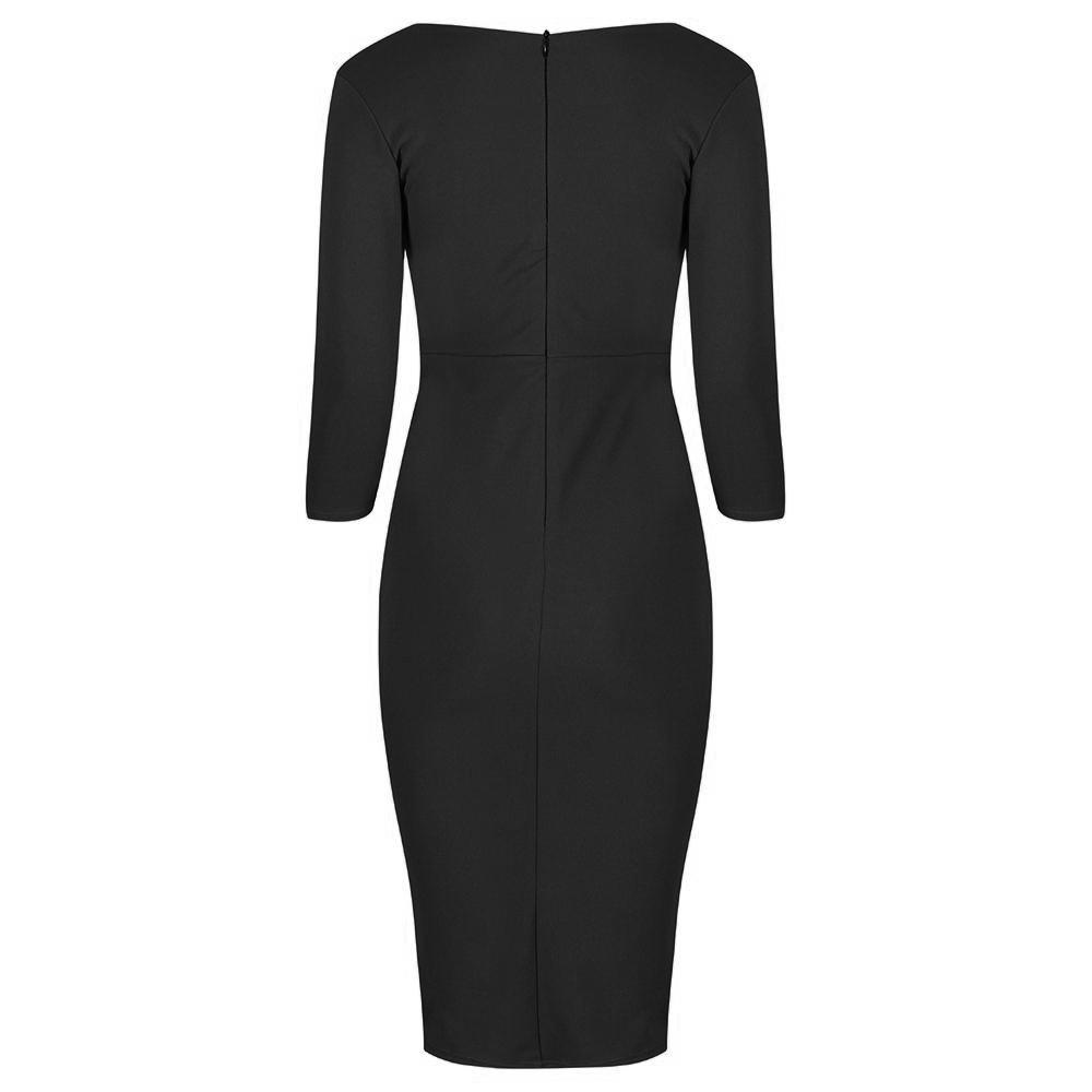 Black 3 4 Sleeve Empire Waist Waterfall Ruffle Wiggle Pencil Dress