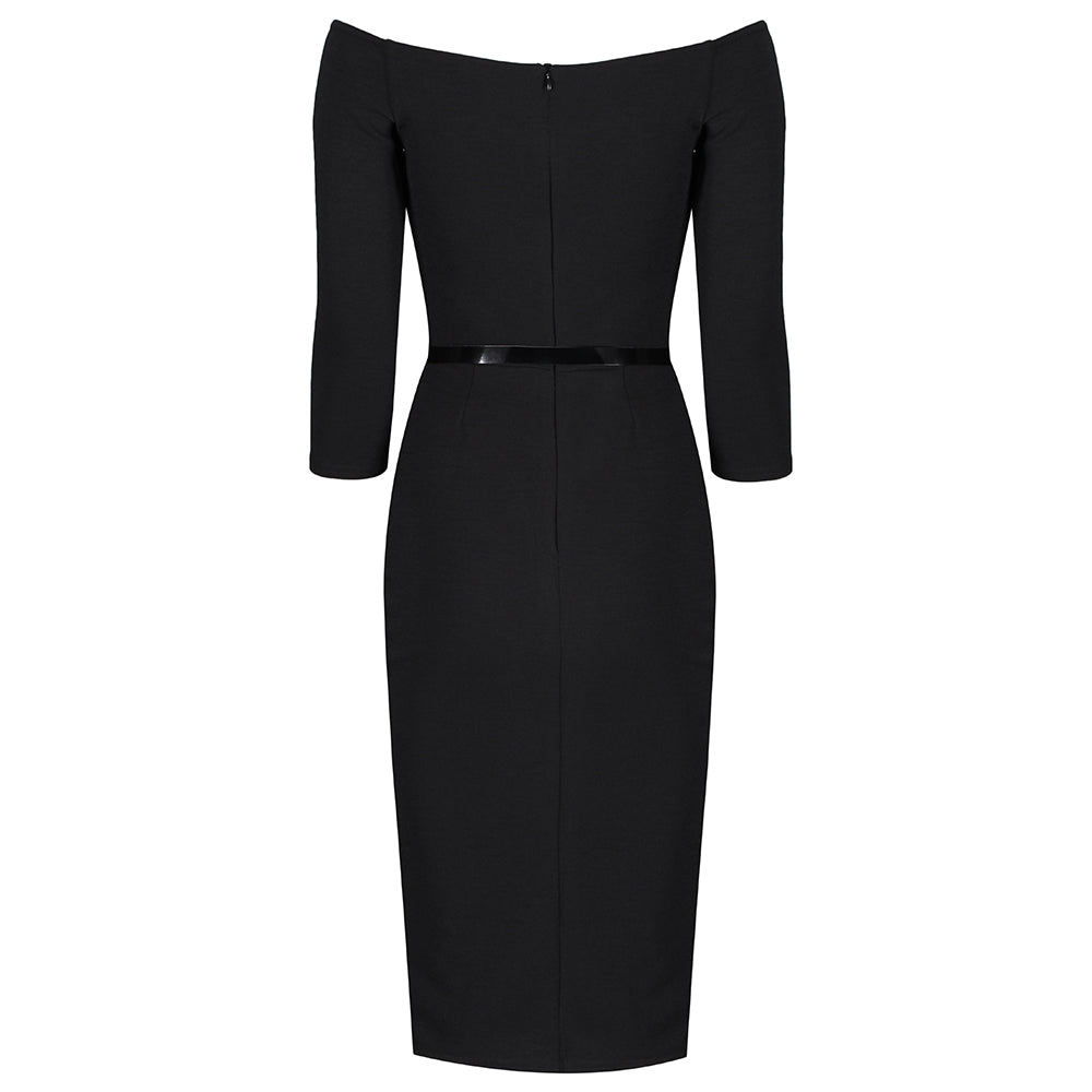 Black Vintage Belted 3/4 Sleeve Bodycon Wiggle Work Office Pencil Dress - Pretty Kitty Fashion