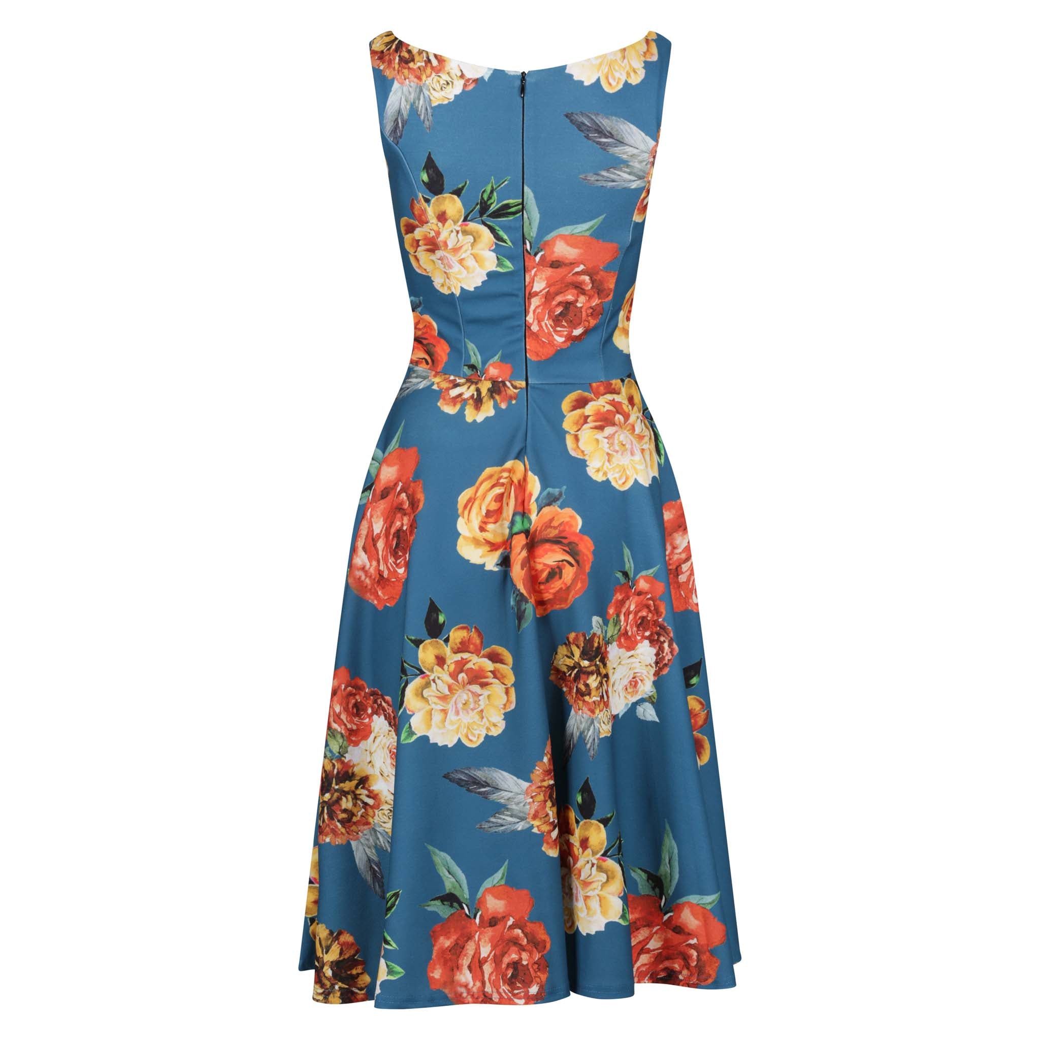 Teal Blue Rose Floral Print Audrey Style 1950s Swing Dress