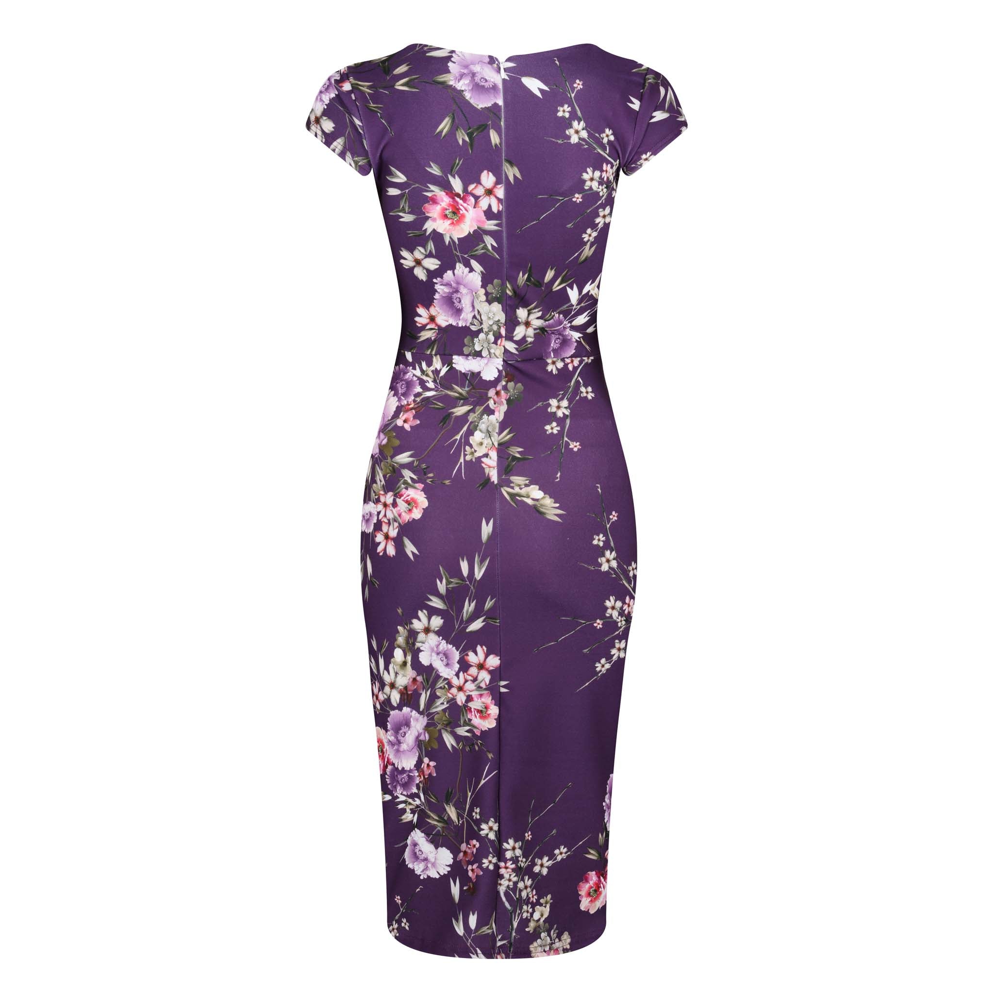 Purple Floral Print Cap Sleeve V Neck Bodycon Wiggle Dress