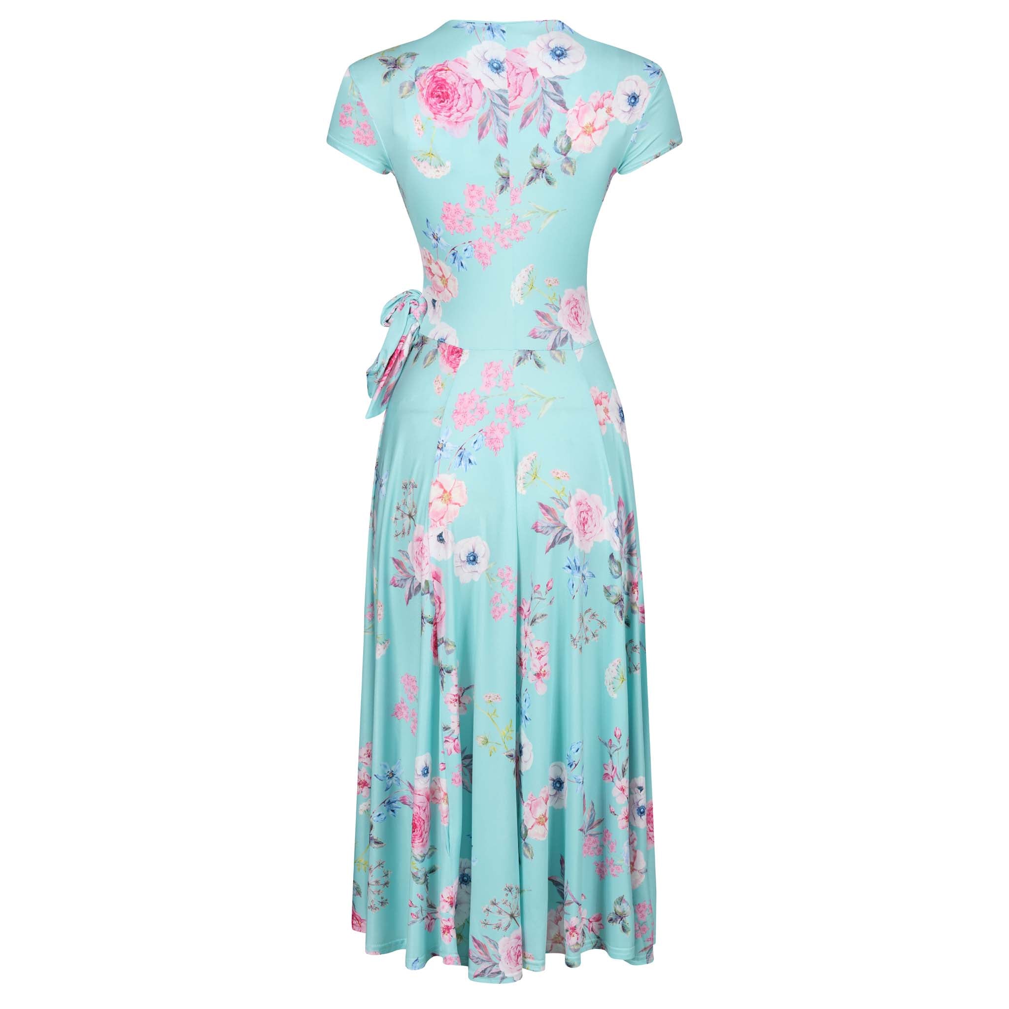 Aqua Mint Floral Print Cap Sleeve Crossover Top Swing Dress