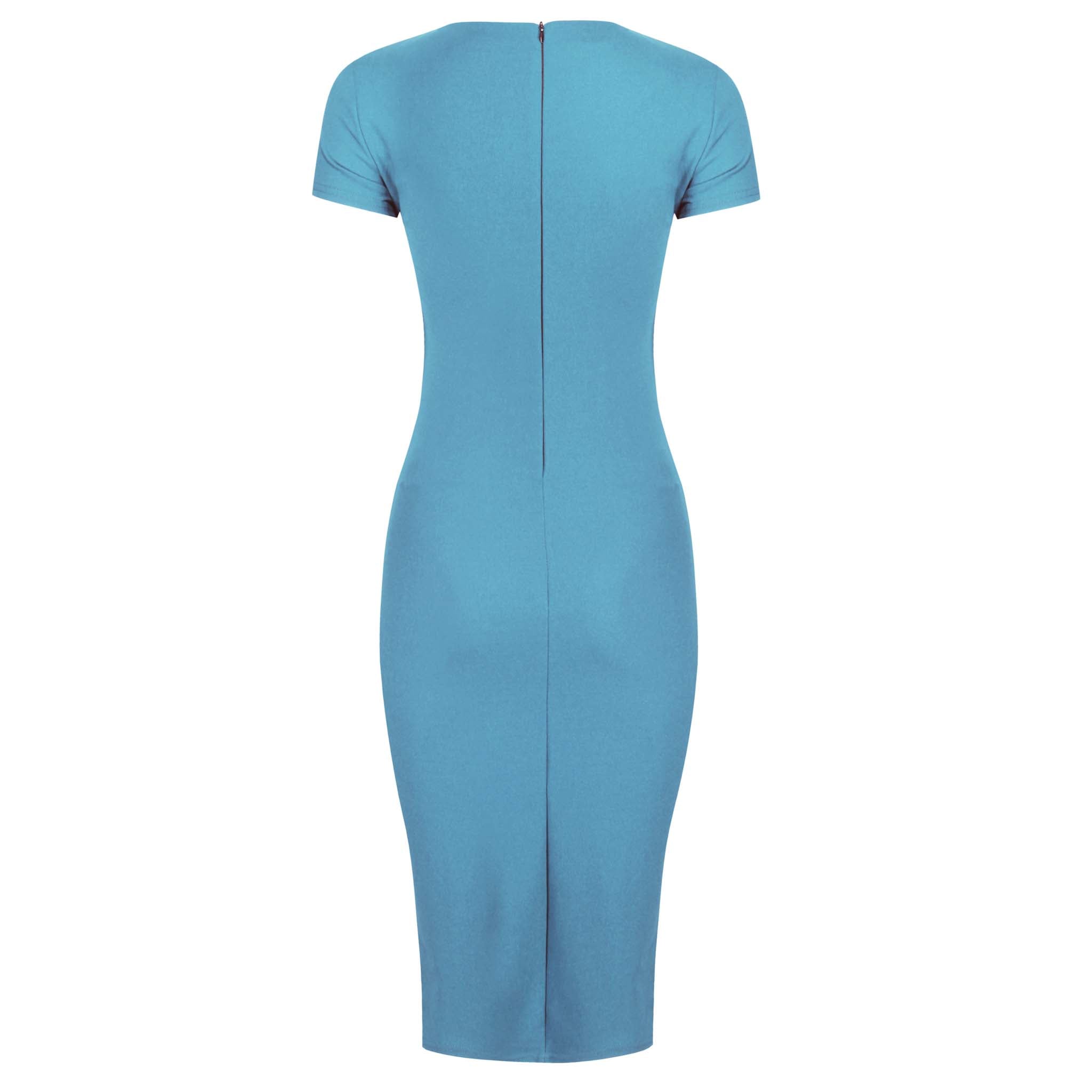 Pretty Blue Short Sleeve Ruched Tie Bodycon Pencil Dress