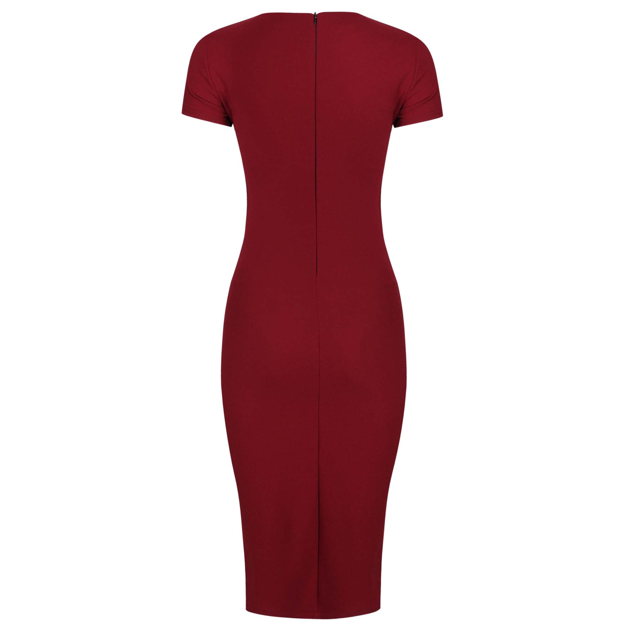 Wine Red Short Sleeve Ruched Tie Bodycon Pencil Dress