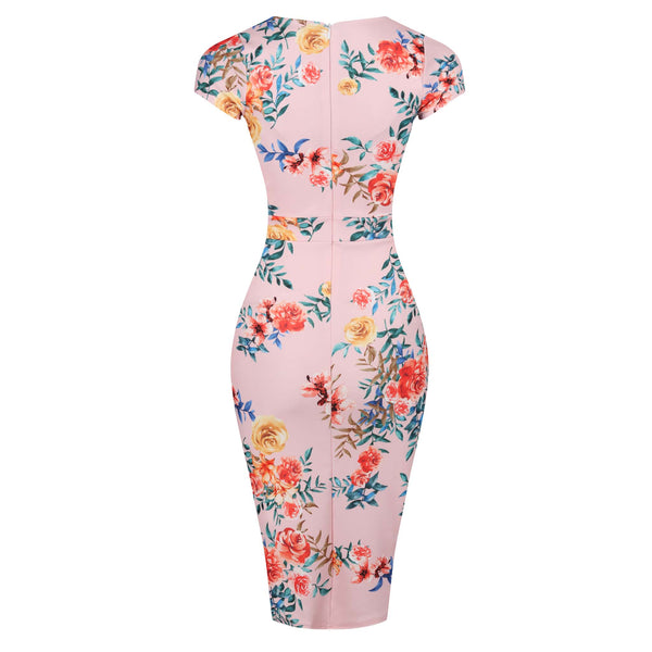Pink Floral Print Crossover Top Cap Sleeve Pencil Dress - Pretty Kitty ...